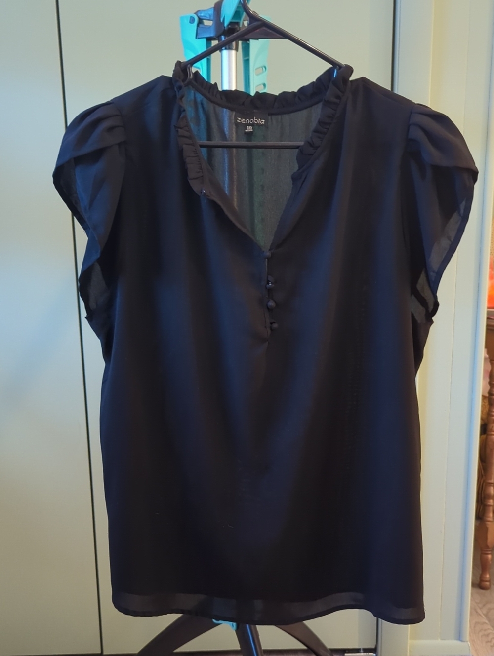 Zenobia Black Chiffon Ruffle-Neck Cap Sleeve Blouse